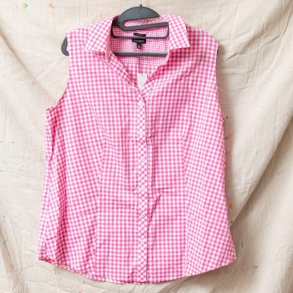 Talbots NWT Cotton Pink White Gingham Sleeveless Buttondown Sz 14 Plus Size